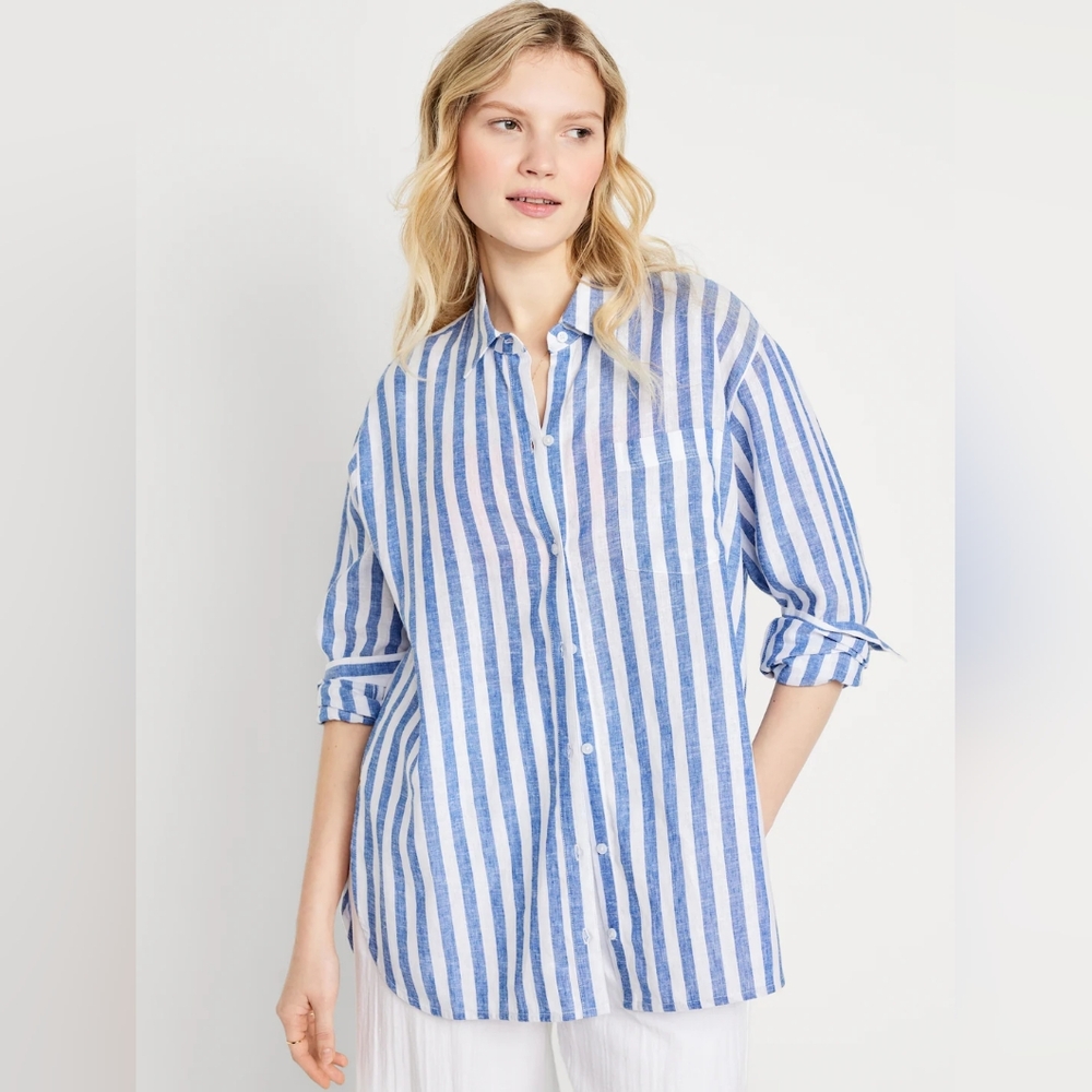 NWT - Linen Blend Old Navy Blue and White Striped Button-Up - Size XL Tall
